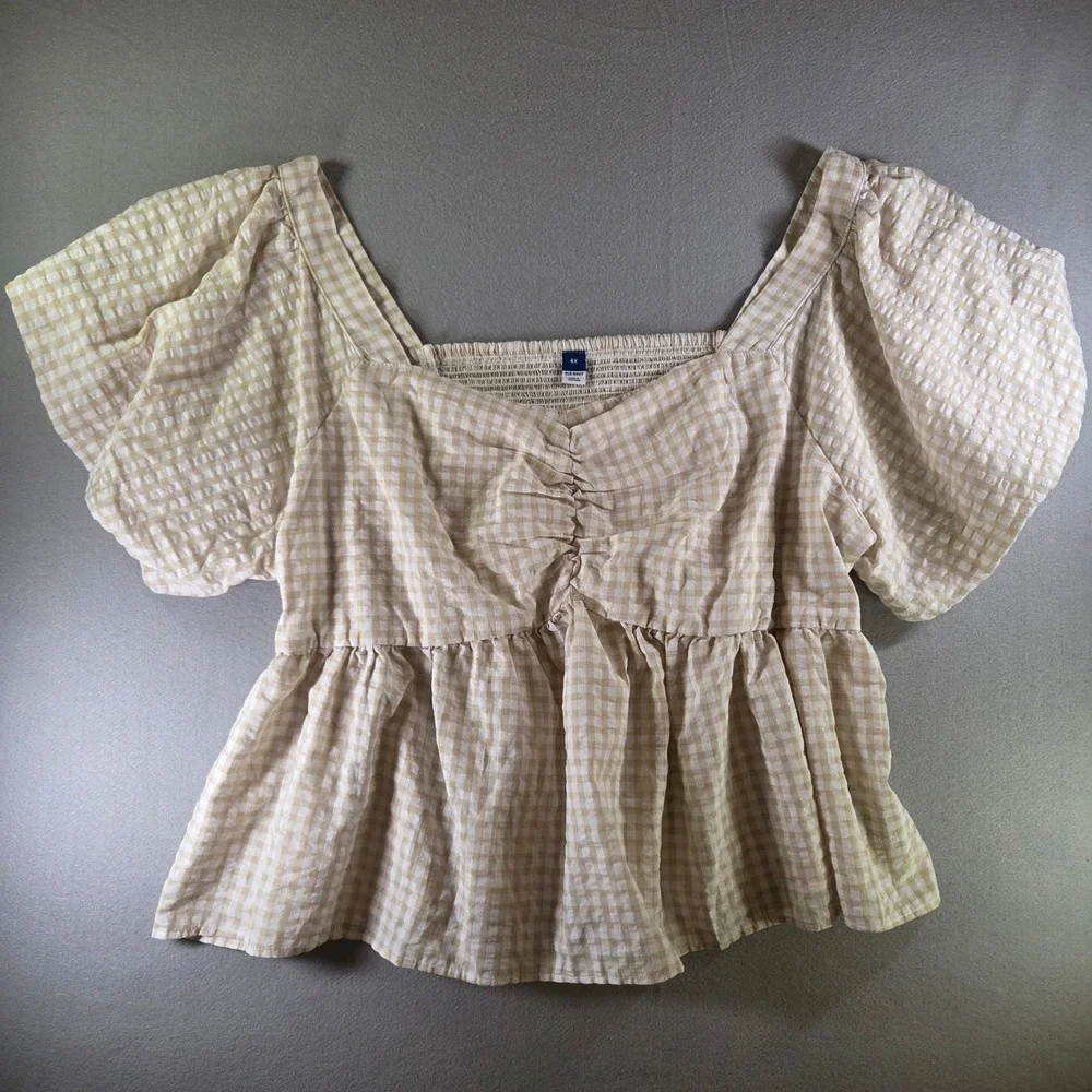 Old Navy Plus Size 4X Tan Gingham Puff Sleeve Babydoll Peplum Top Cottagecore